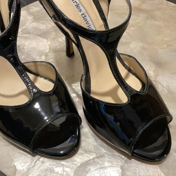 Charles David T-strap Patent Leather Peep Toe Heels Sz 8 AB - Picture 5 of 10